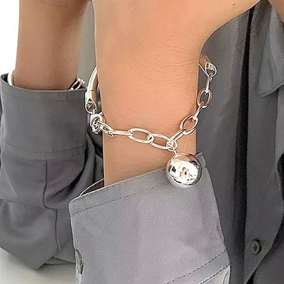 Silver Ball Drop Bracelet Chain Link Half Moon Minimalist Bangle - Picture 7 of 7